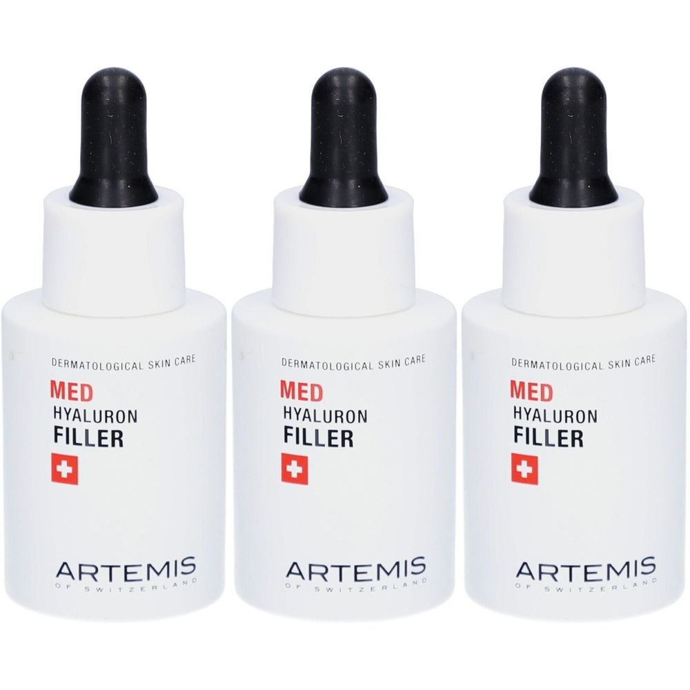 Trois flacons blancs avec pipettes noires. Chaque flacon porte l'inscription « MED HYALURON FILLER » et le logo ARTEMIS.