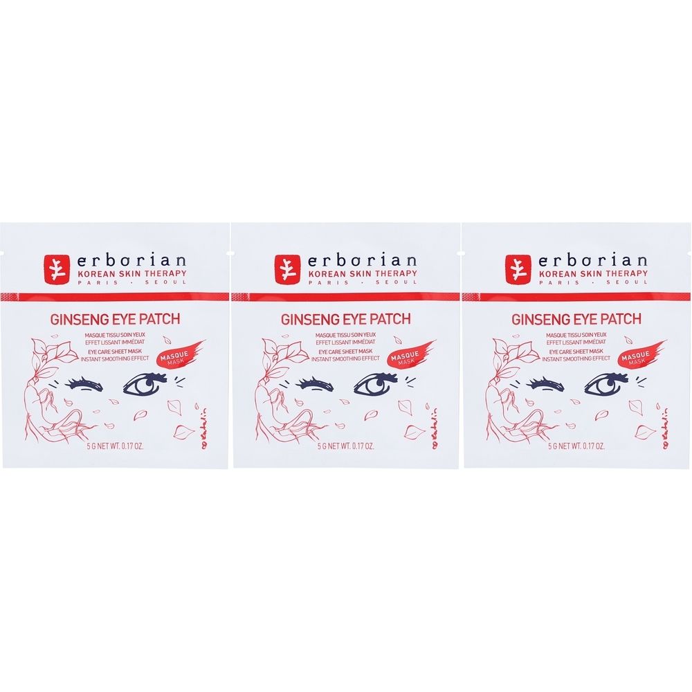 Trois sachets blancs avec texte rouge et noir. Chaque sachet porte l'inscription "Erborian Ginseng Eye Patch". Dessin d'un œil.