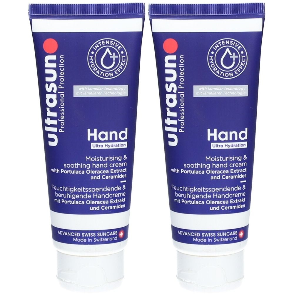 Zwei Tuben Handcreme. Blaue Tube mit weißer Schrift. Enthält Portulaca Oleracea Extrakt und Ceramiden. Marke: Ultrasun.