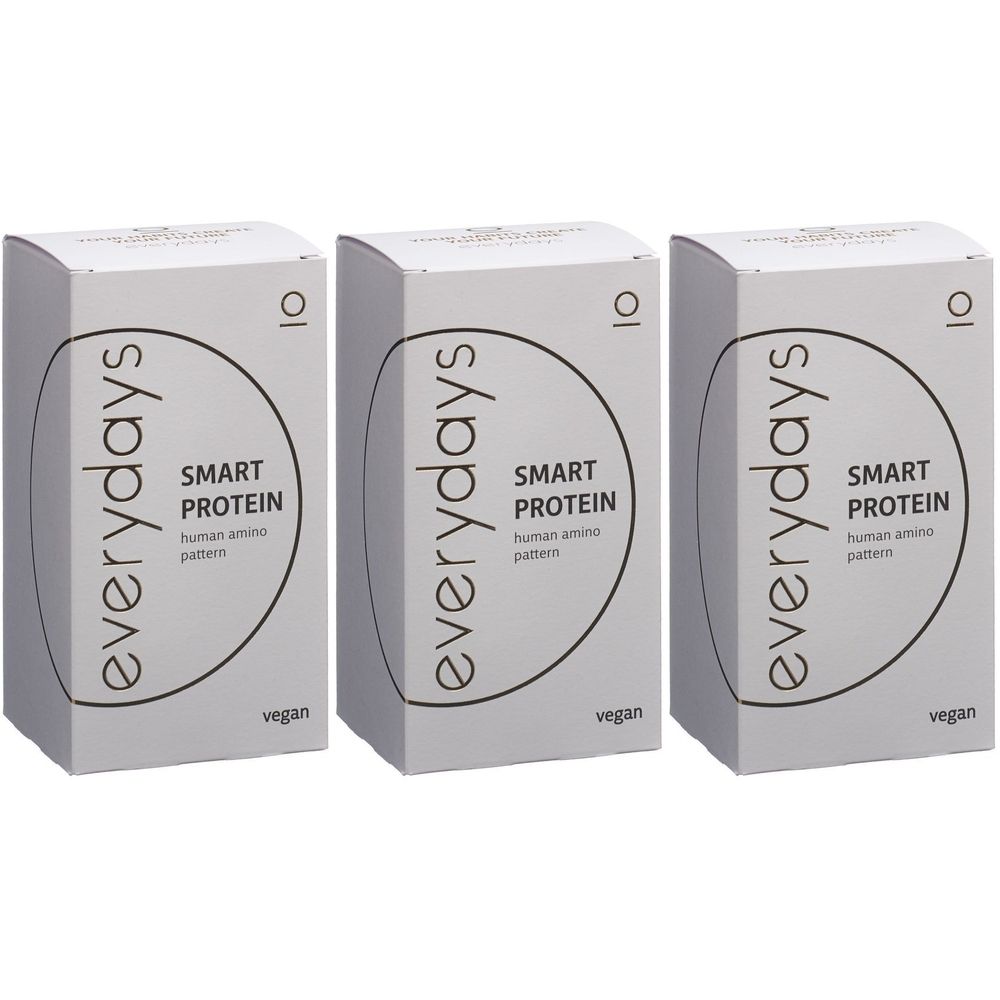 Drei weiße Kartons mit der Aufschrift "everydays SMART PROTEIN". Vegan. Auf jedem Karton ist eine schwarze Kreiszeichnung und die Zahl 10.