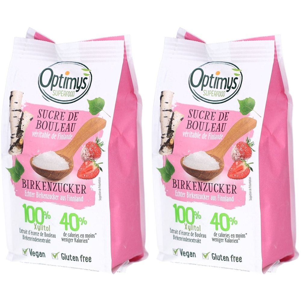 Deux sachets de sucre de bouleau Optimys. Inscription : Birkenzucker, 100% Xylitol, 40% moins de calories. Vegan et sans gluten.