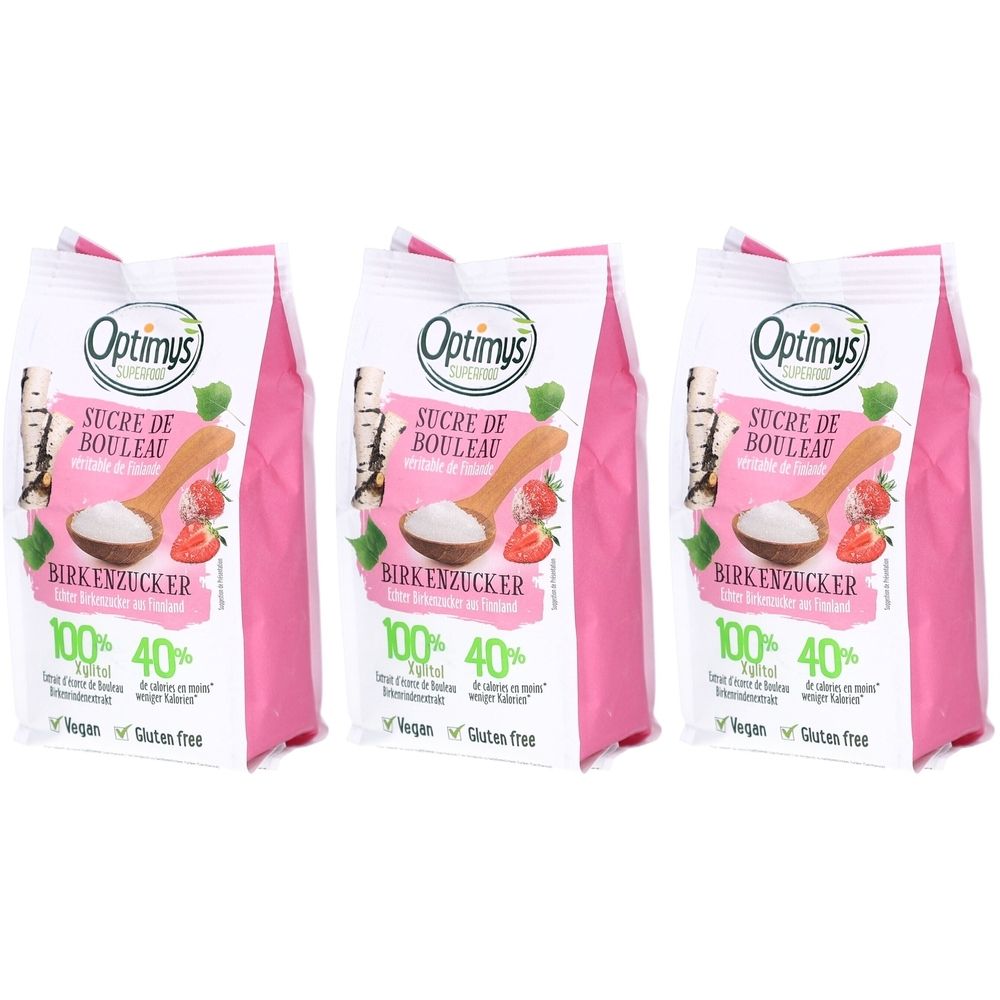 Trois sachets de sucre de bouleau. Emballage avec logo et nom du produit. Inscriptions : 100% Xylitol, 40% moins de calories, végétalien, sans gluten.