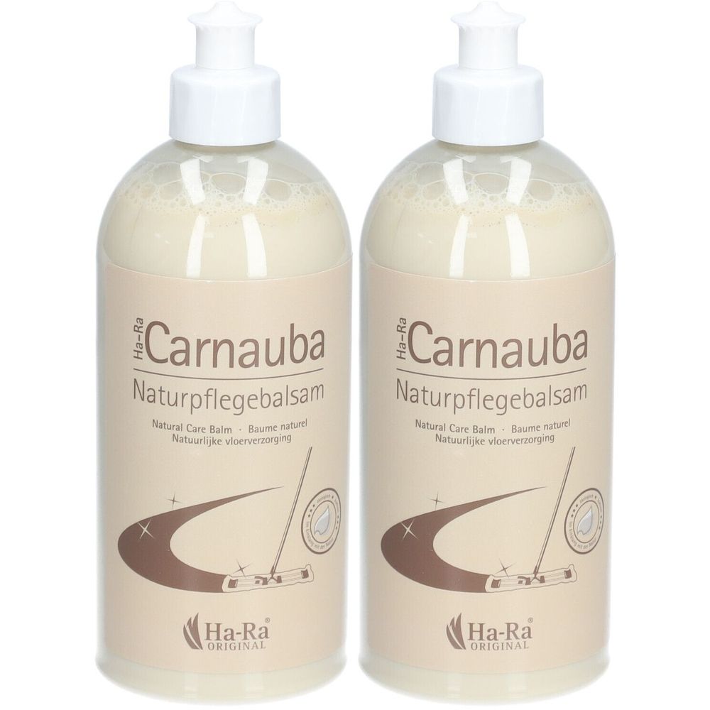 Zwei Flaschen mit weißem Balsam. Aufschrift: Carnauba Naturpflegebalsam. Marke: Ha-Ra Original. Mit Pumpverschluss.
