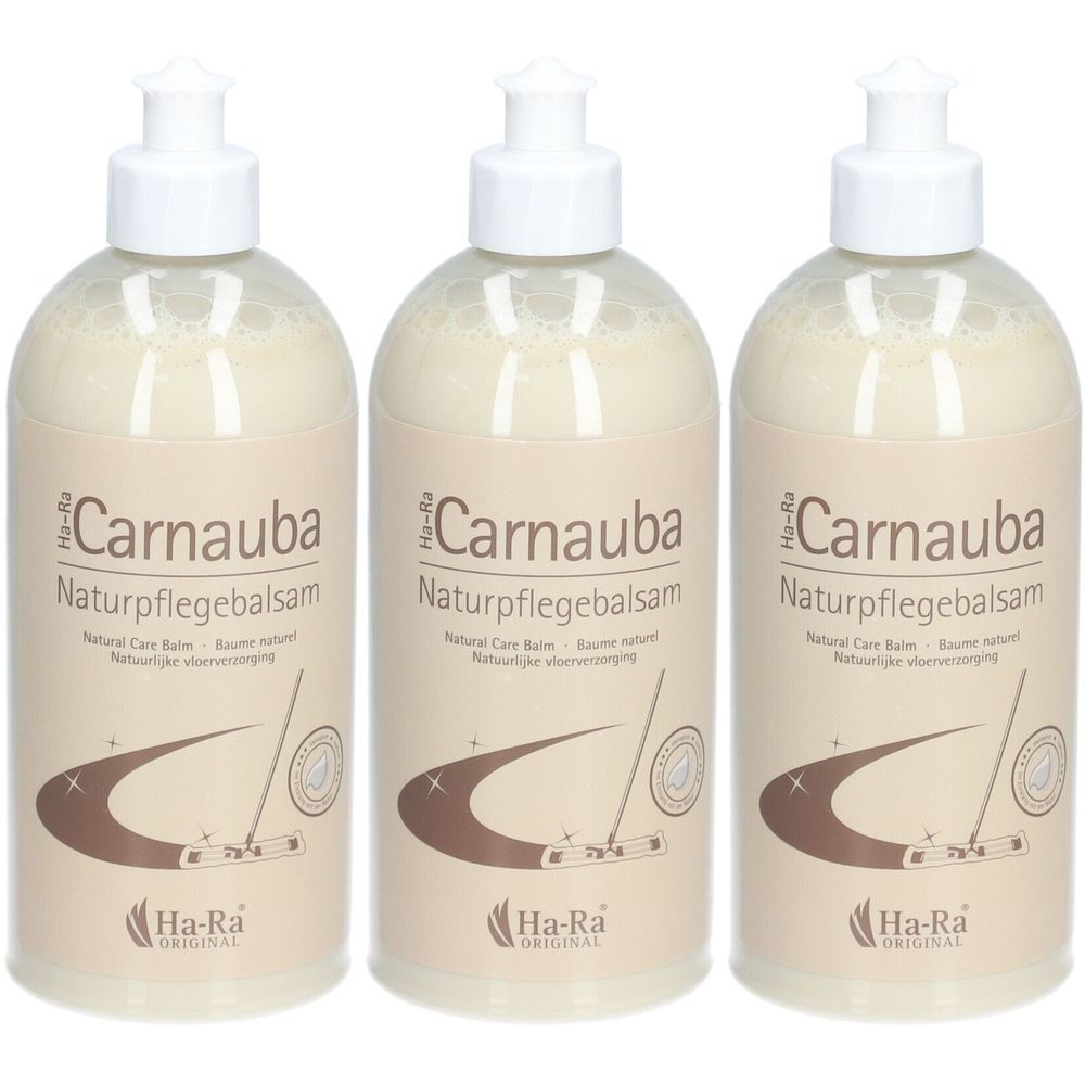 Drei Flaschen mit weißem Balsam. Aufschrift: Carnauba Naturpflegebalsam. Marke: Ha-Ra. Weiße Pumpaufsätze.