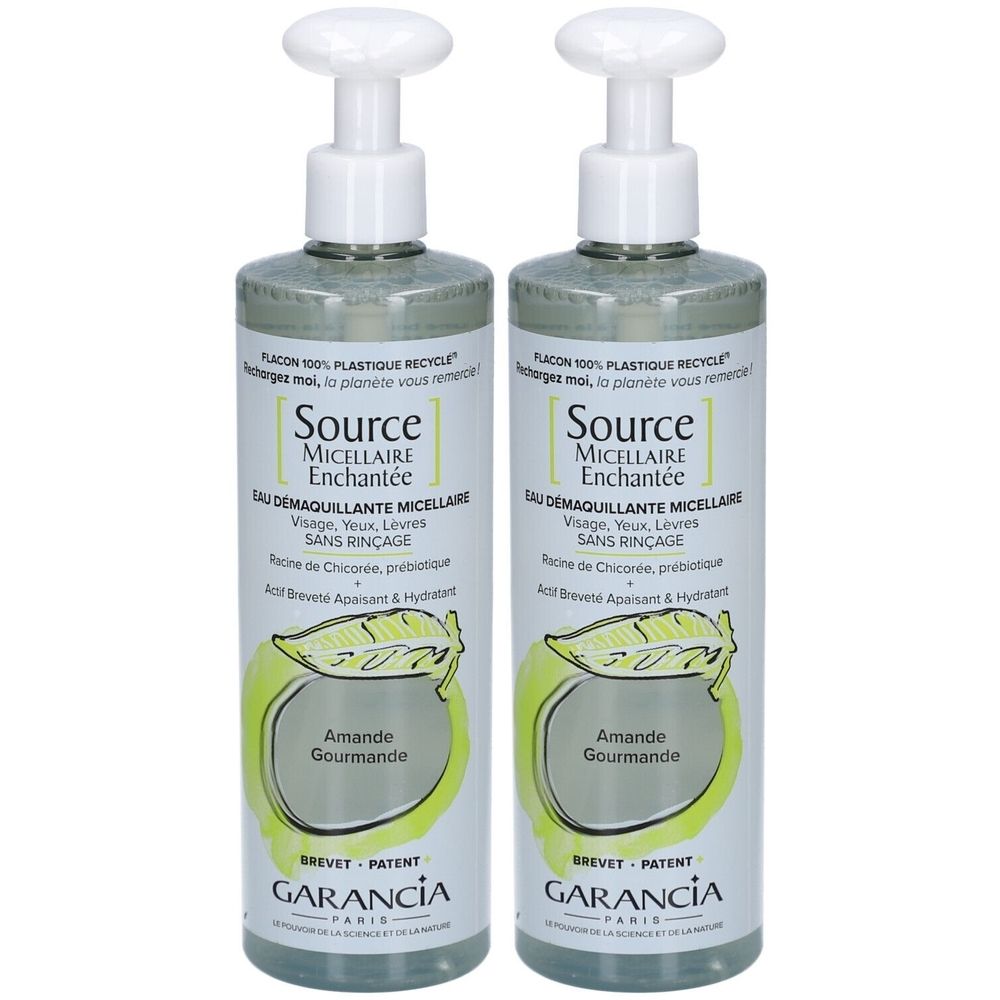 Deux flacons de Garancia Eau Micellaire Enchantée. Flacons transparents avec pompe blanche. Inscription : Source Micellaire Enchantée, Amande Gourmande.
