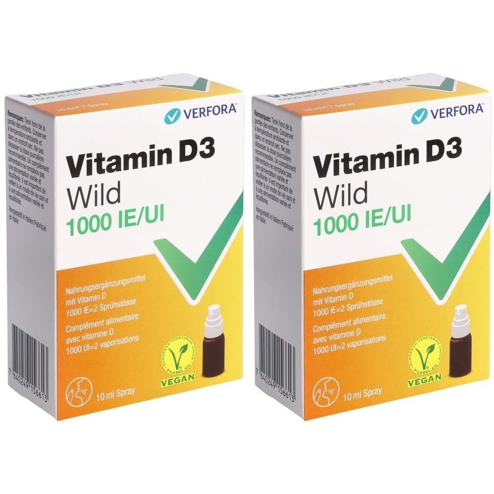 Zwei Schachteln mit Vitamin D3 Wild Spray. Aufschrift: VERFORA, Vitamin D3 Wild, 1000 IE/UI, vegan. Enthält 10 ml Spray.