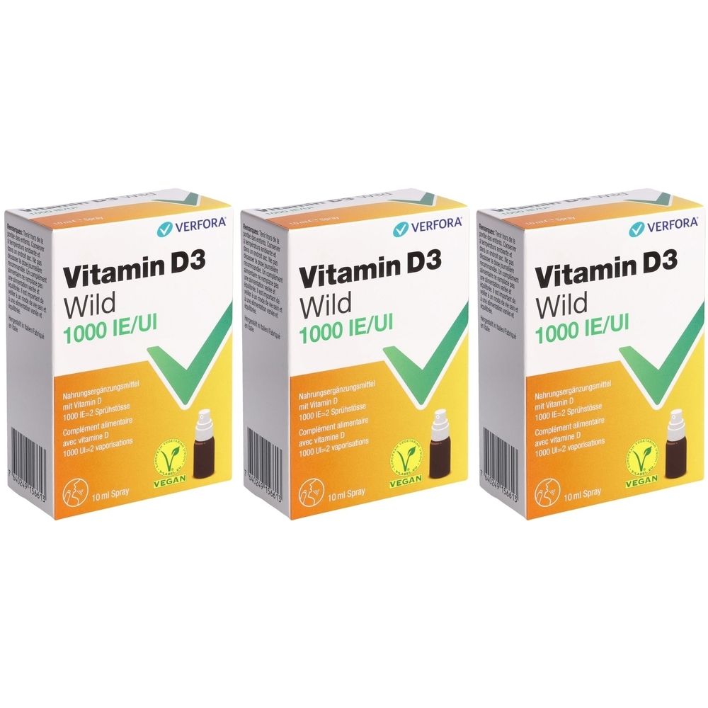 Drei Schachteln mit Vitamin D3 Wild Spray. Auf jeder Schachtel steht "Vitamin D3 Wild 1000 IE/UI" und das Logo "Vegan".