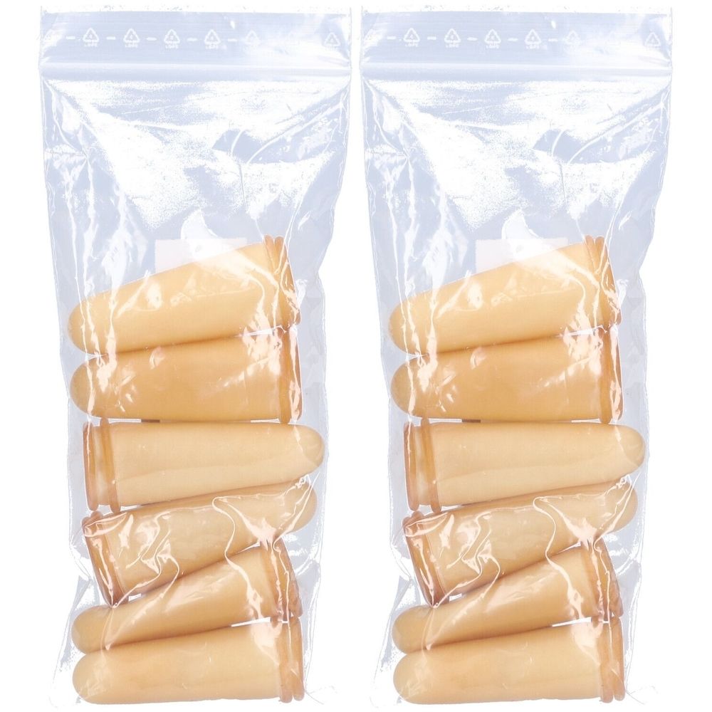 Zwei transparente Beutel mit je 6 fingerförmigen Latexprodukten. Die Produkte sind hellbraun und in Folie verpackt.