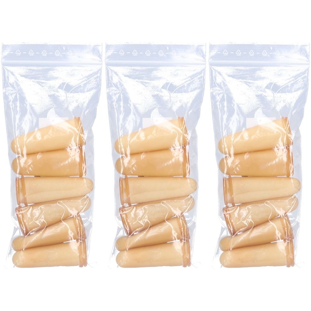 Trois sachets transparents contenant chacun 12 doigts en latex. Les produits sont jaune clair et empilés dans les sachets.