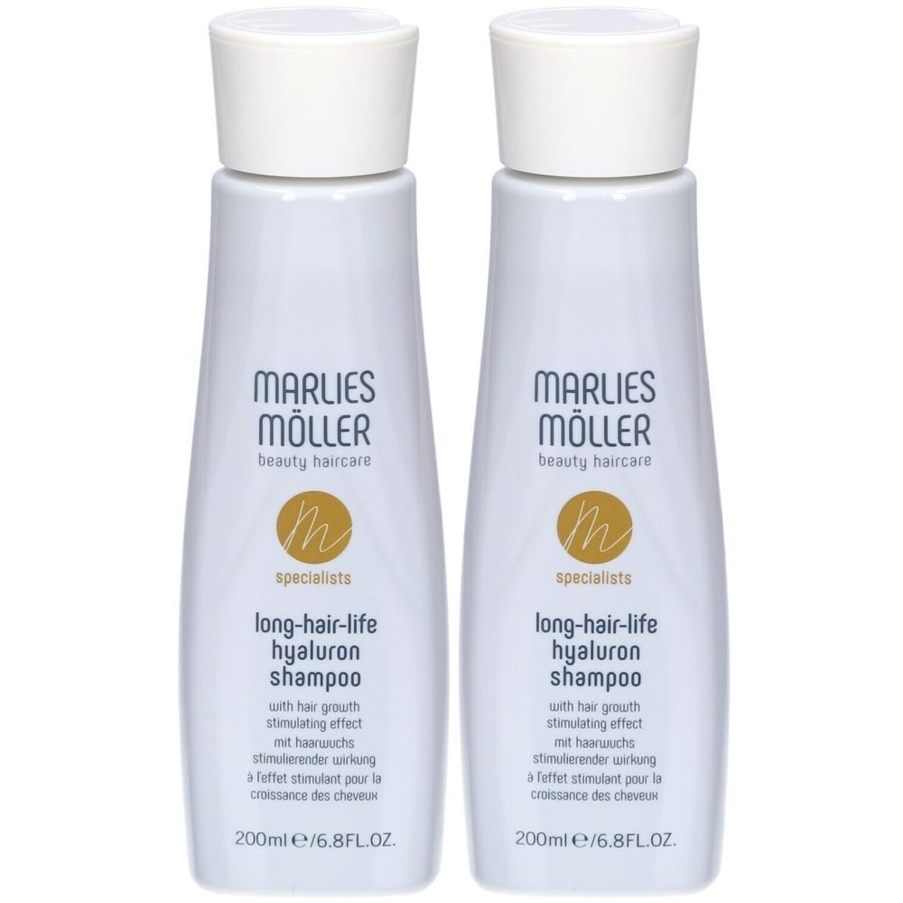 Deux flacons de shampooing blancs avec bouchons blancs. Inscription: Marlies Möller, long-hair-life hyaluron shampoo. 200ml.
