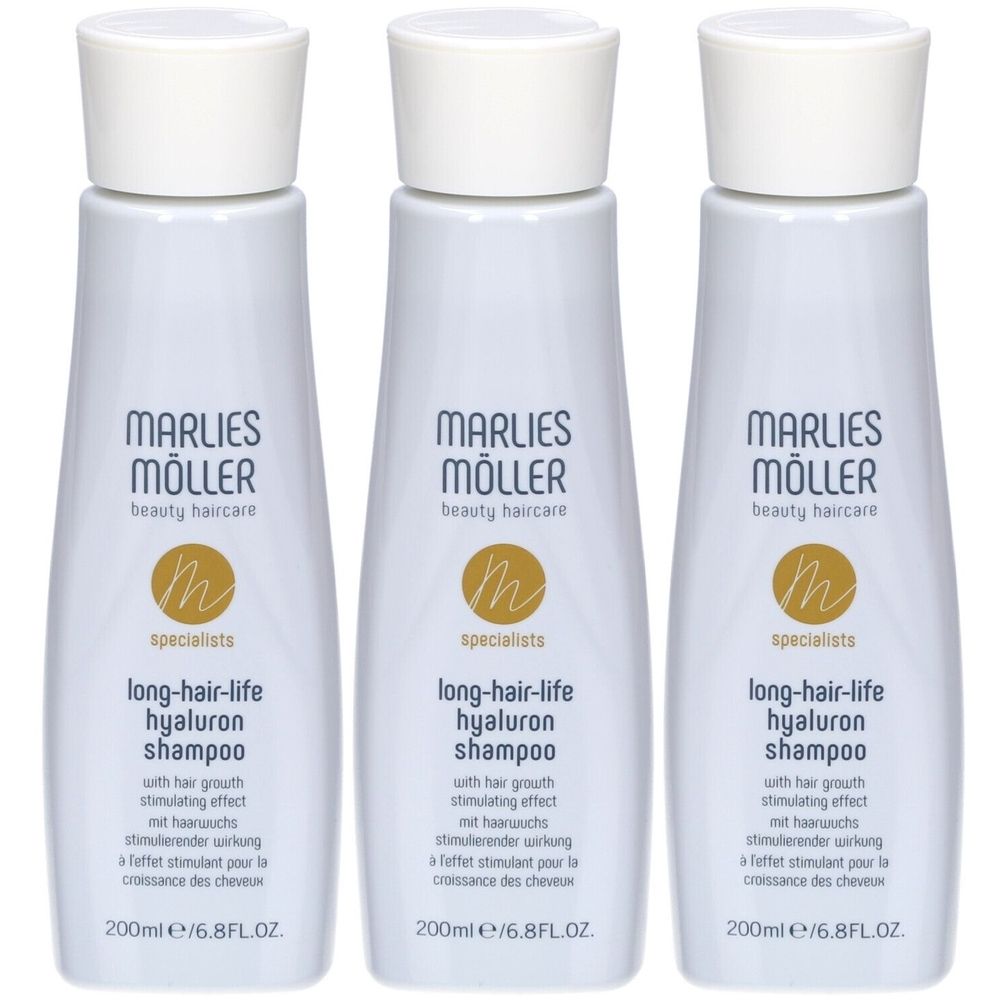 Trois flacons de shampooing blancs avec bouchons blancs. Chaque flacon porte l'inscription "MARLIES MÖLLER beauty haircare" et "long-hair-life hyaluron shampoo".