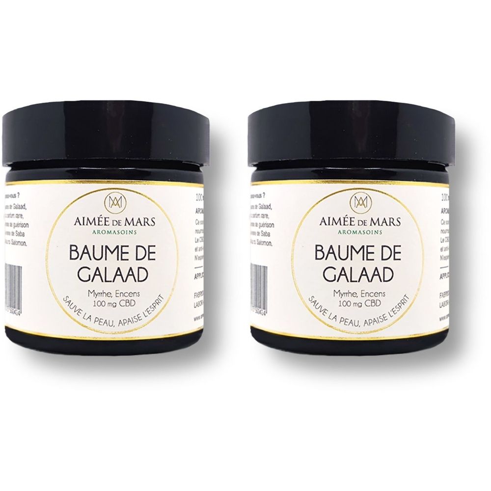 Zwei Gläser Balsam mit schwarzem Deckel. Auf dem Etikett steht "BAUME DE GALAAD" und "100 mg CBD".