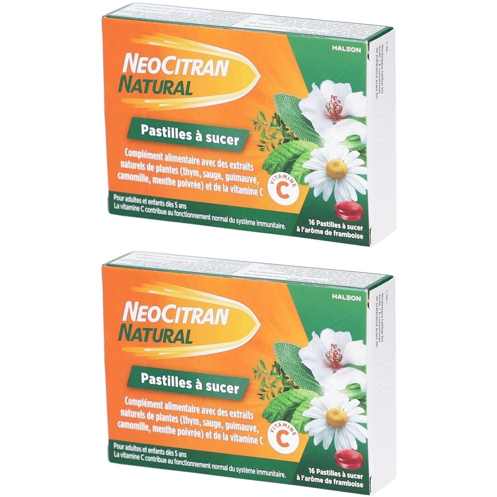 Zwei Schachteln NeoCitran Natural Lutschtabletten. Aufschrift: NeoCitran Natural, Pastilles à sucer, Vitamin C. Mit Kräutern und Himbeergeschmack.