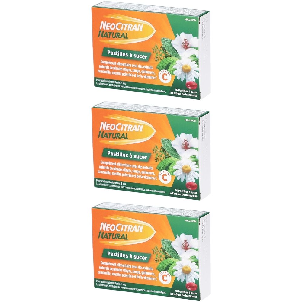 Drei Schachteln NeoCitran Natural Pastilles à sucer. Orange-grüne Verpackung mit Produktnamen, Blumen und Vitamin C-Symbol.