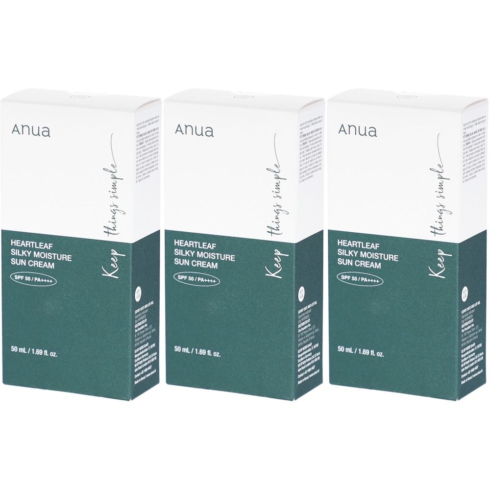 Trois boîtes rectangulaires, dessus blanc, dessous vert. Inscription: Anua, Heartleaf Silky Moisture Sun Cream, Keep things simple.