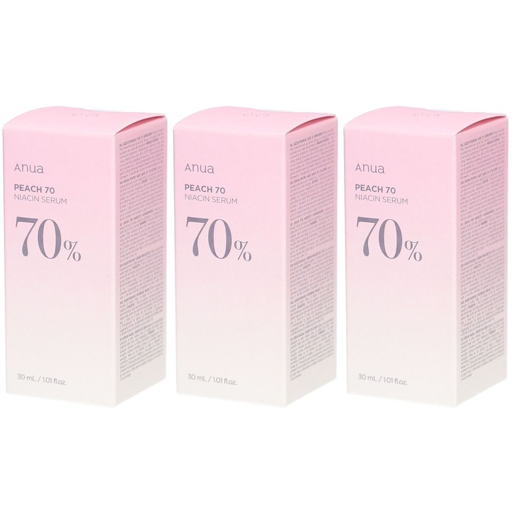 Trois boîtes roses. Chaque boîte porte l'inscription "Anua PEACH 70 NIACIN SERUM" et "70%". En bas : "30 ml / 1.01 fl oz".