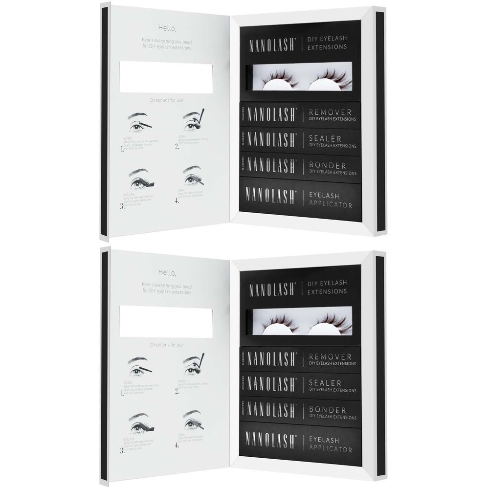 Starter Kit für DIY-Wimpernverlängerung. Enthält Wimpern, Entferner, Versiegler, Kleber und Applikator. Schwarze Verpackung mit weißem Rahmen.