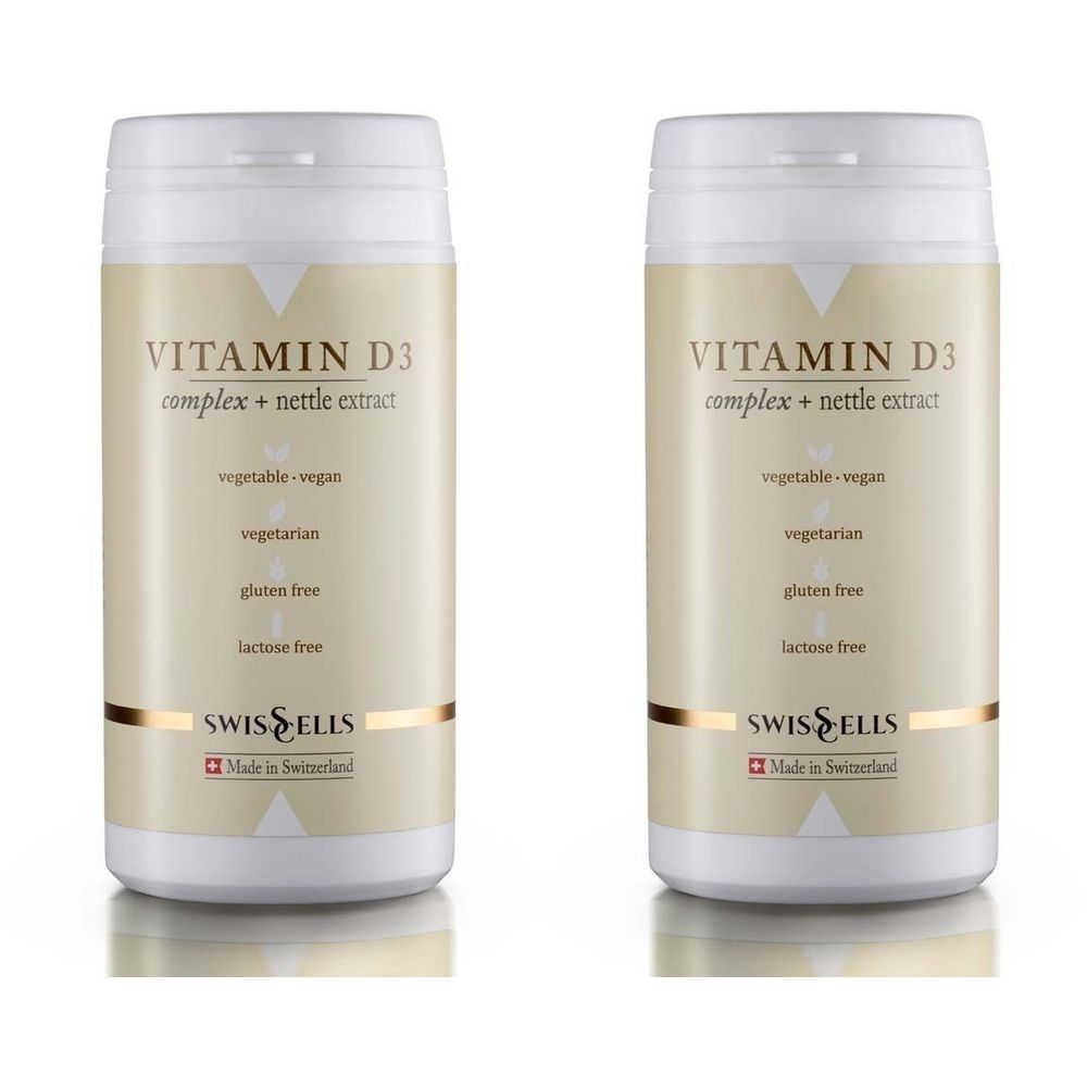 Deux flacons blancs avec étiquette jaune. Inscription: Vitamin D3 Complex + extrait d'ortie. Informations végétarien, sans gluten, sans lactose.