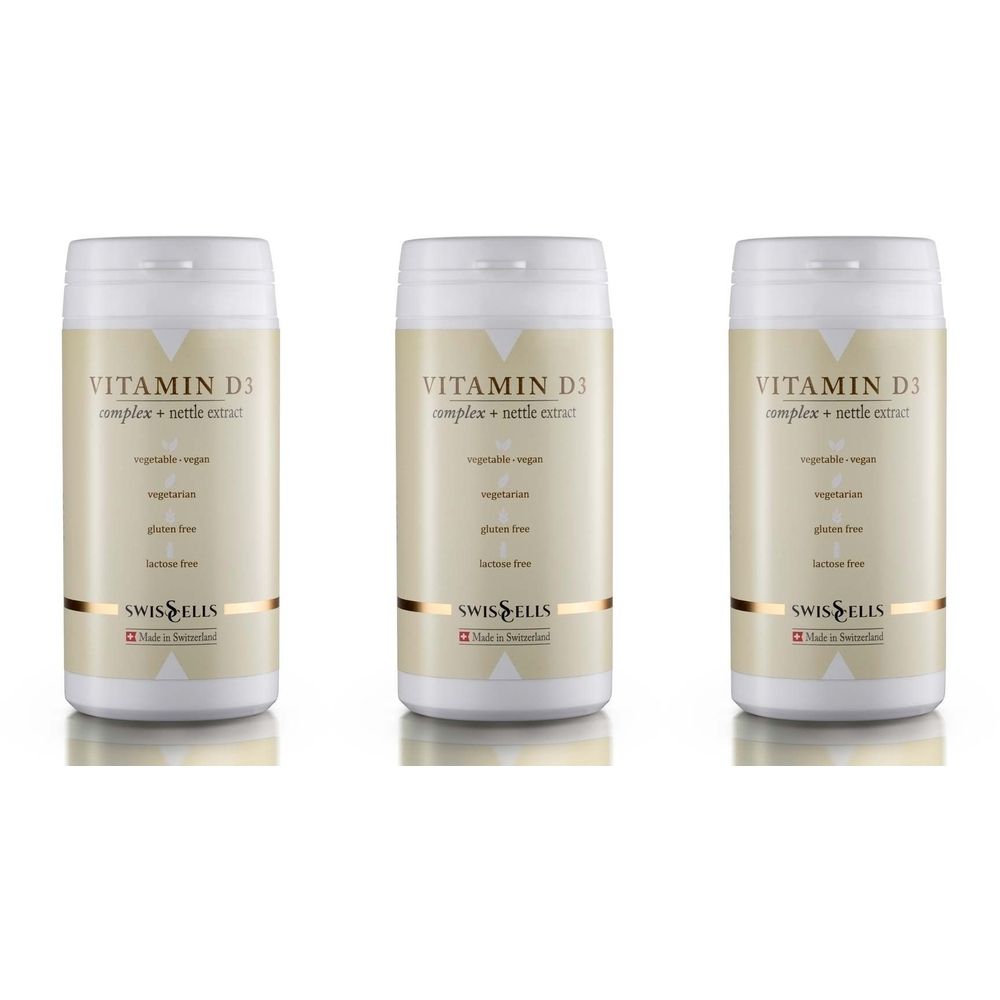 Trois flacons cylindriques avec couvercles blancs. Inscription: Vitamin D3 Complex + Brennnesselextrakt. Indications: vegan, végétarien, sans gluten, sans lactose.