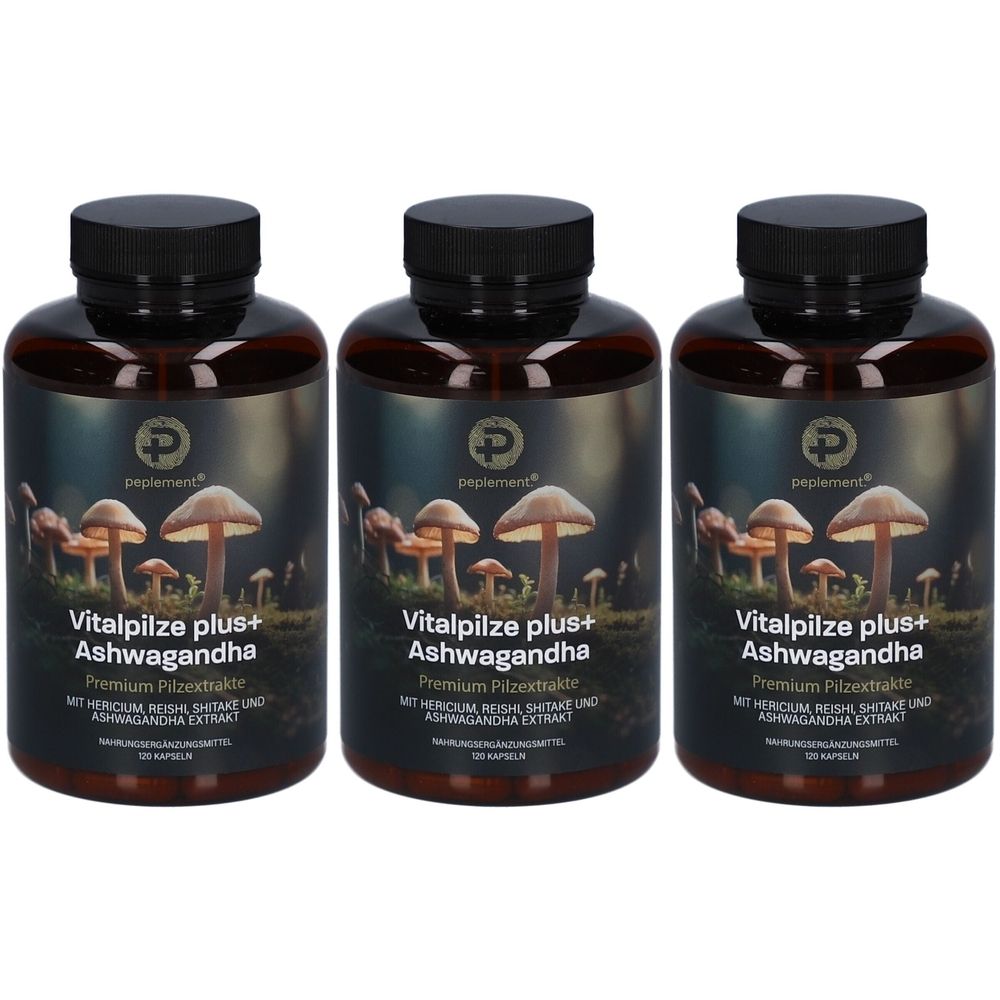 Drei braune Flaschen mit schwarzen Deckeln. Auf jeder Flasche steht "Vitalpilze plus+ Ashwagandha".