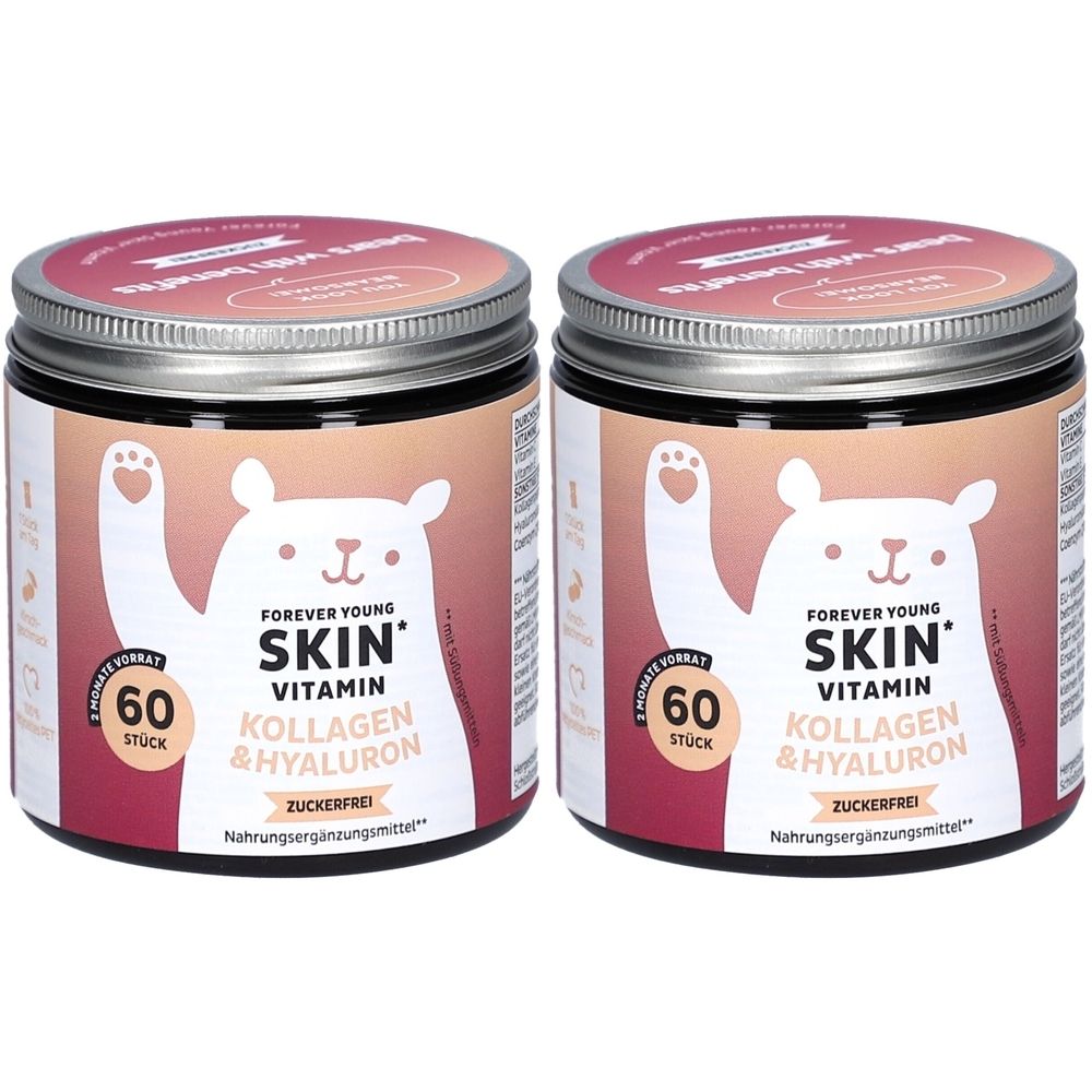 Zwei Dosen mit Deckel. Aufschrift: Forever Young SKIN Vitamin Kollagen & Hyaluron. 60 Stück. Zuckerfrei. Nahrungsergänzungsmittel. Bären-Illustration.