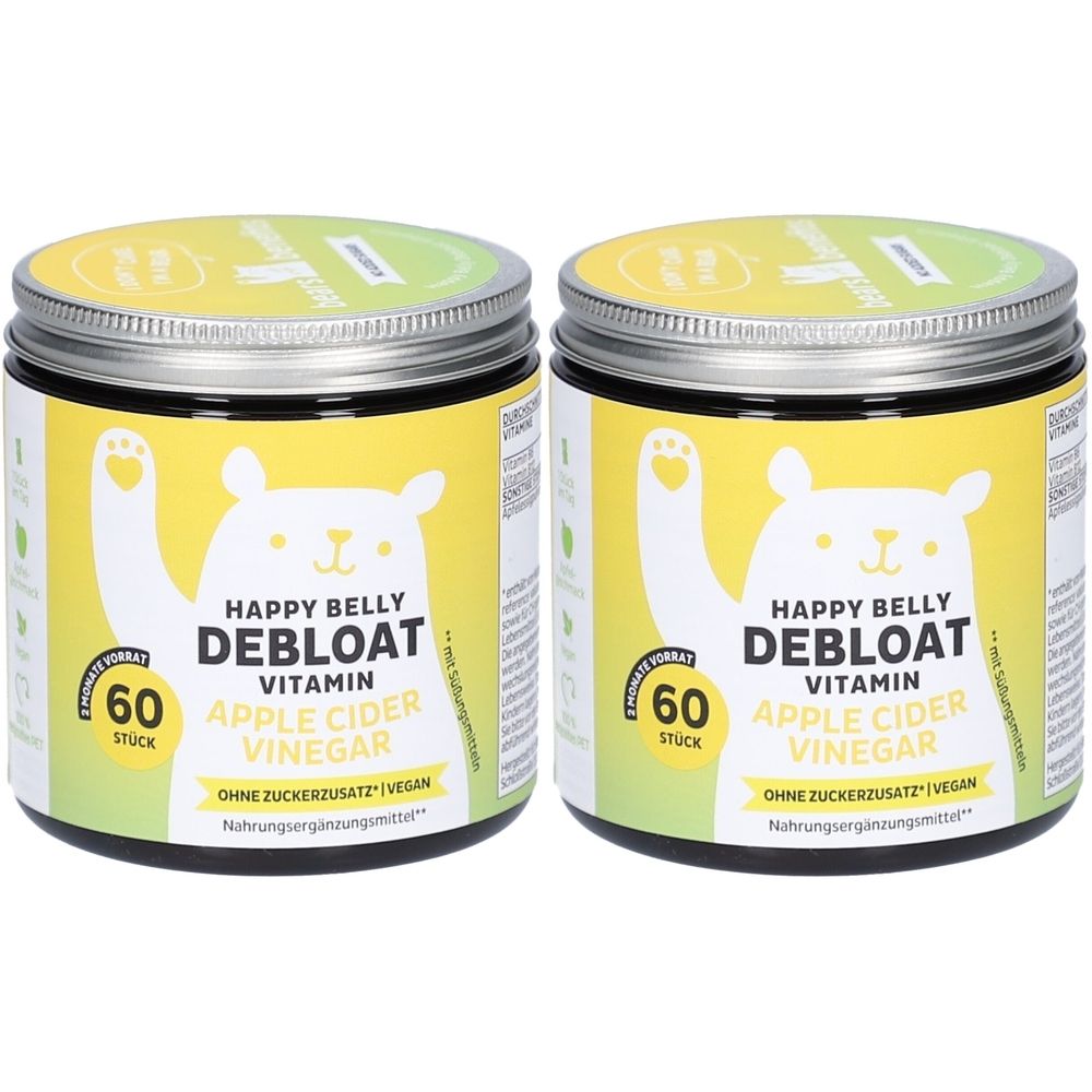 Zwei Dosen mit Deckel. Aufschrift: Happy Belly Debloat, 60 Stück, Apfelessig Vitamin. Vegan. Nahrungsergänzungsmittel.