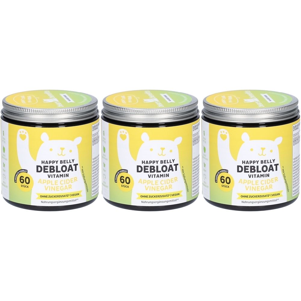 Drei Dosen mit gelbem Etikett. Aufschrift: Happy Belly Debloat Vitamin, 60 Stück, Apfelessig. Deckel silberfarben.
