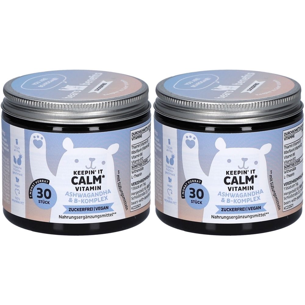 Zwei Dosen mit Deckel. Aufschrift: Keepin' It Calm Vitamin Ashwagandha & B-Komplex. 30 Stück. Zuckerfrei, vegan. Nahrungsergänzungsmittel.