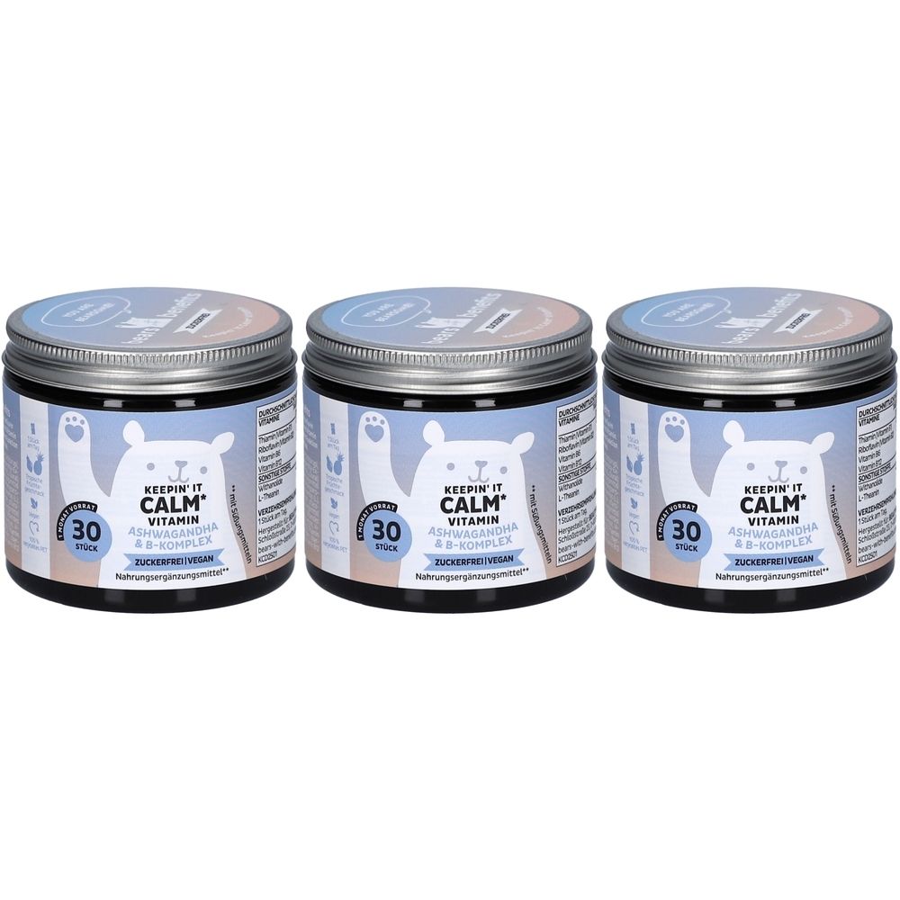 Drei Dosen mit Deckel. Auf jeder Dose steht "Keepin' It Calm Vitamin". Aufkleber mit Bär und "30 Stück".