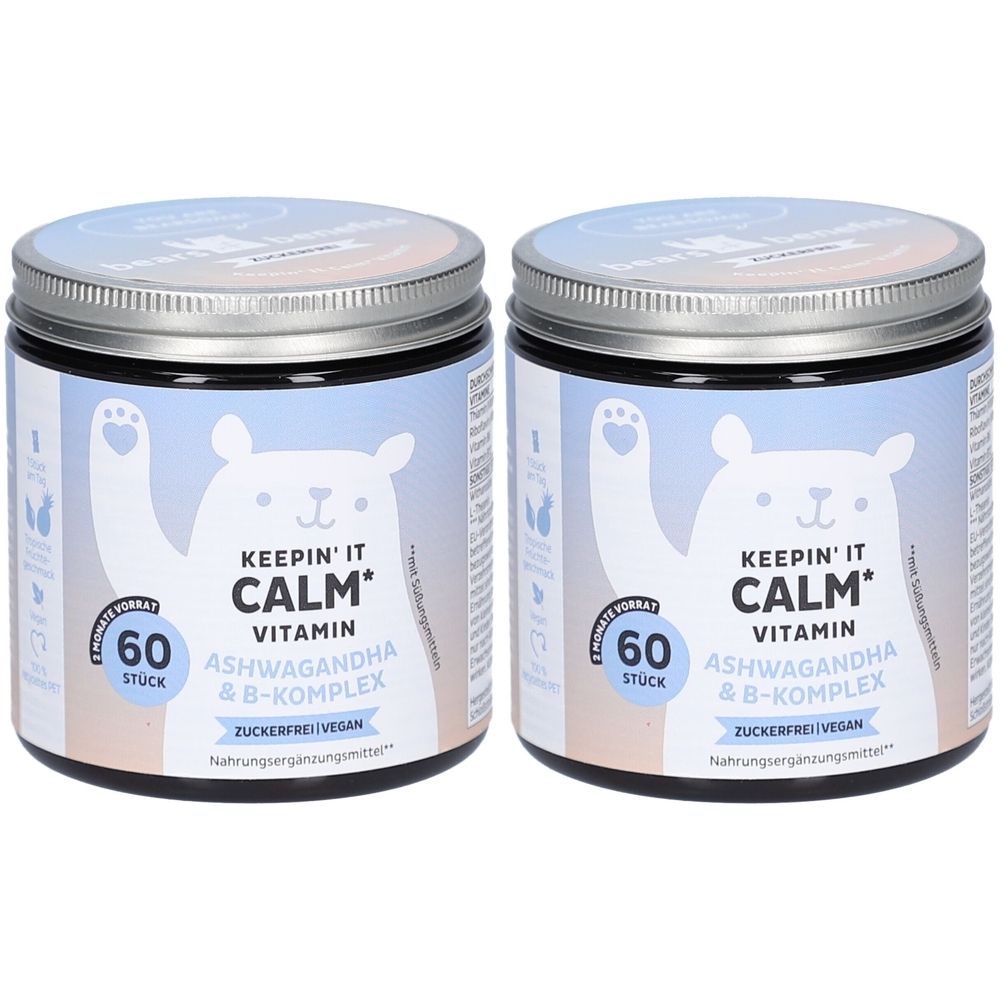 Zwei Dosen mit Deckel. Aufschrift: Keepin' It Calm Vitamin, Ashwagandha & B-Komplex. 60 Stück. Zuckerfrei/vegan.