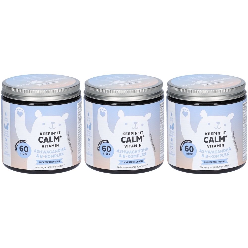 Drei Dosen mit Deckel. Aufschrift: Keepin' It Calm Vitamin, 60 Stück. Mit Bär-Illustration.