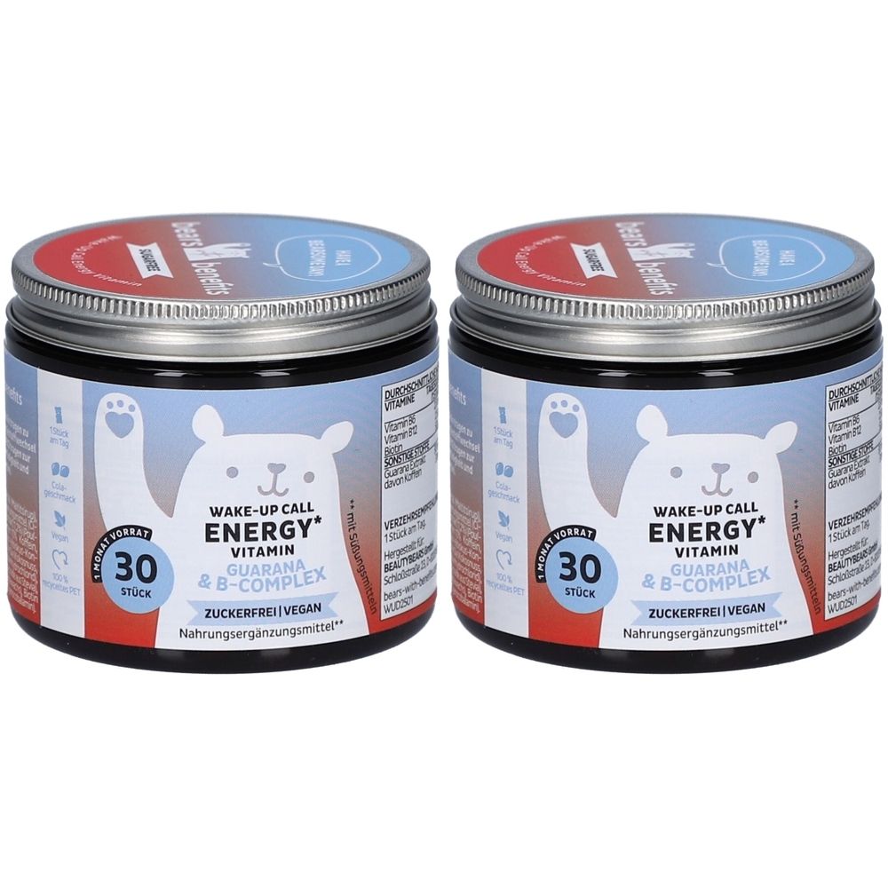 Zwei Dosen mit Deckel. Aufschrift: Wake-up Call Energy Vitamin, 30 Stück. Zuckerfrei, vegan. Bär-Illustration.