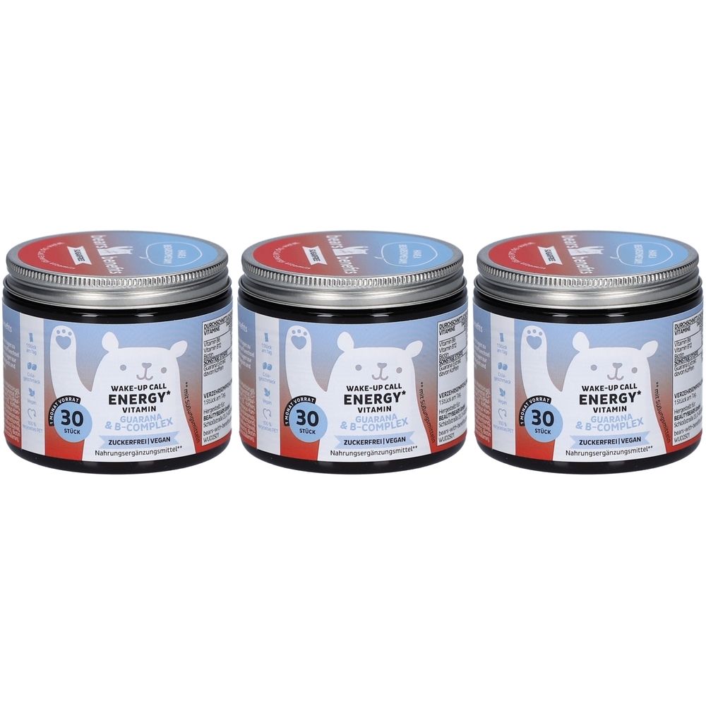 Drei Dosen mit Deckel. Auf jeder Dose steht "Wake-up Call Energy" und "30 Stück". Aufschrift: Vitamin B-Komplex. Auf jeder Dose ist ein Bär abgebildet.