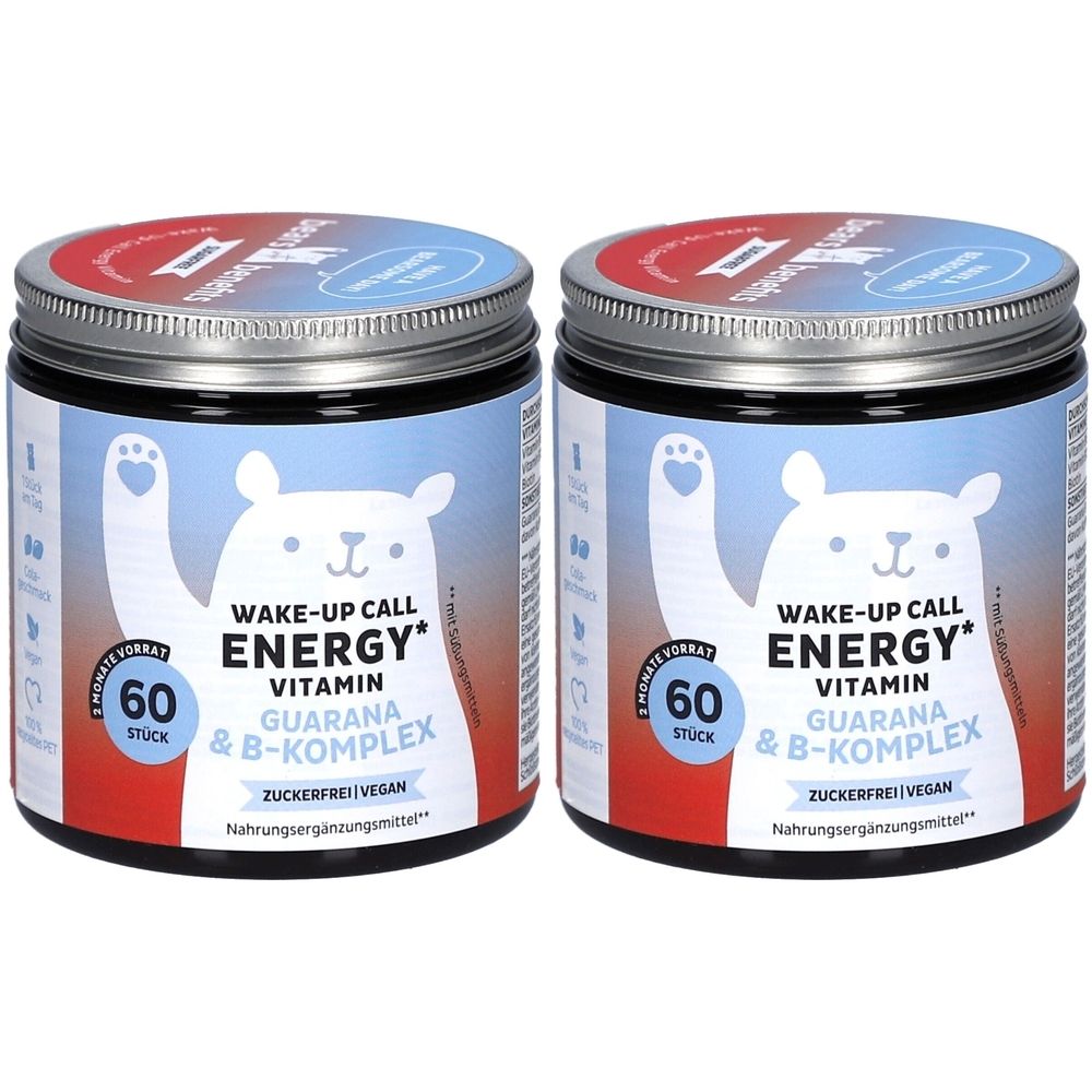 Zwei Dosen BEARS WITH BENEFITS® Wake up Call. Blaue Etiketten mit Bär-Illustration und Text: ENERGY*, 60 Stück, Guarana & B-Komplex.