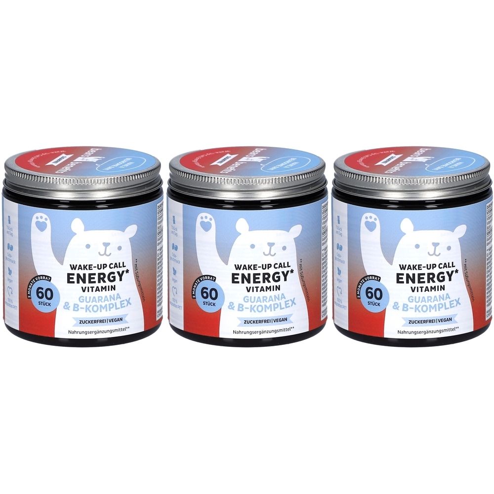 Drei Dosen mit Deckel. Auf jeder Dose steht: Wake-up Call Energy Vitamin, Guarana & B-Komplex. Aufkleber mit 60 Stück.