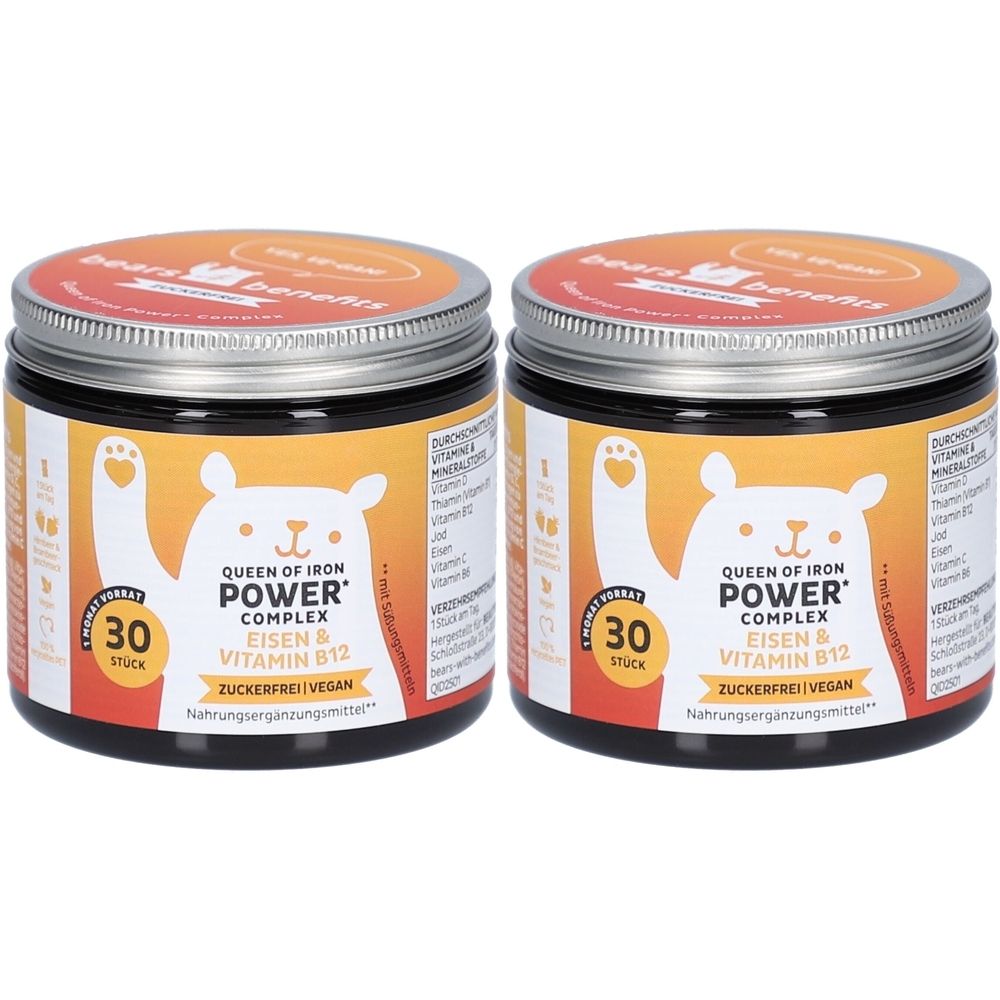 Zwei Gläser mit Deckel. Aufdruck: Queen of Iron Power, 30 Stück, zuckerfrei, vegan. Aufschrift: Eisen & Vitamin B12. Aufkleber mit Bär-Illustration.
