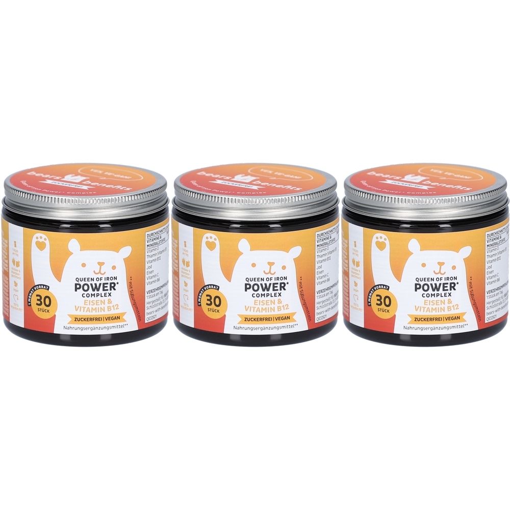 Drei Gläser mit Deckel. Aufschrift: Queen of Iron Power Complex, Eisen & Vitamin B12, 30 Stück. Aufdruck: Bär.