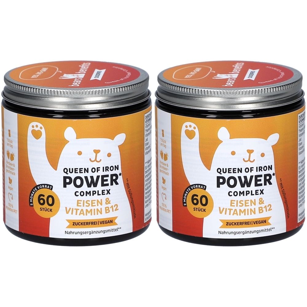 Zwei Dosen mit Etikett. Aufschrift: QUEEN OF IRON POWER COMPLEX, 60 Stück, Eisen & Vitamin B12. Zuckerfrei, vegan.