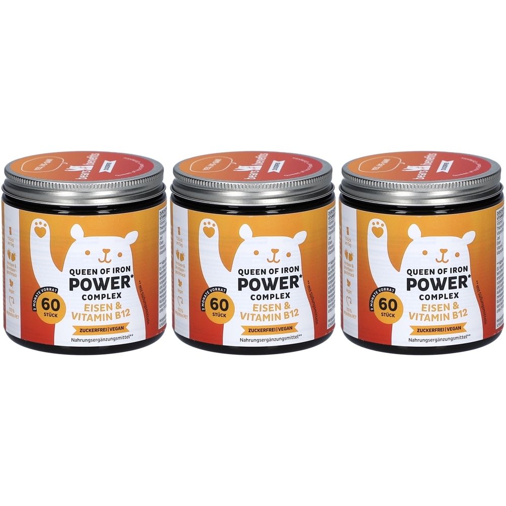 Trois boîtes avec couvercles. Chaque boîte porte l'inscription "QUEEN OF IRON POWER COMPLEX" et "60 pièces". Contient du fer et de la vitamine B12. Vegan.