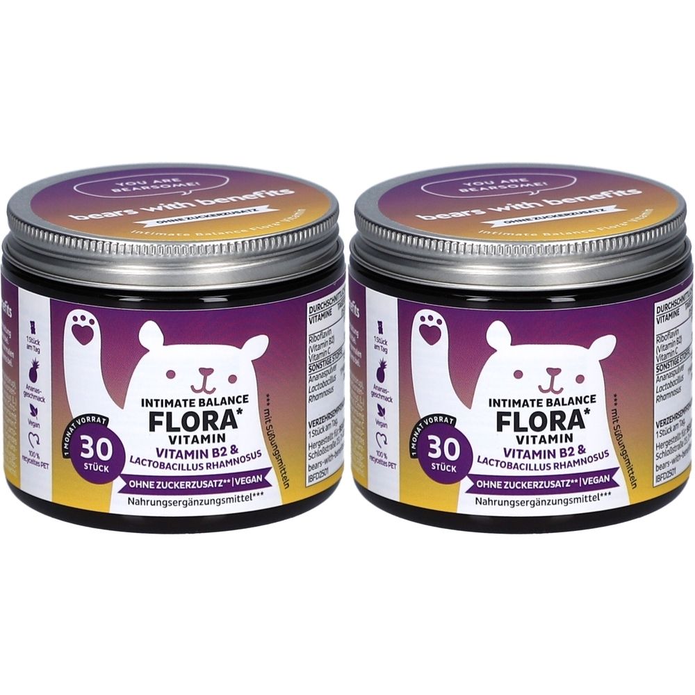 Zwei Dosen mit Deckel. Aufschrift: Intimate Balance Flora, Vitamin B2 & Lactobacillus rhamnosus. 30 Stück. Ohne Zuckerzusatz. Vegan.