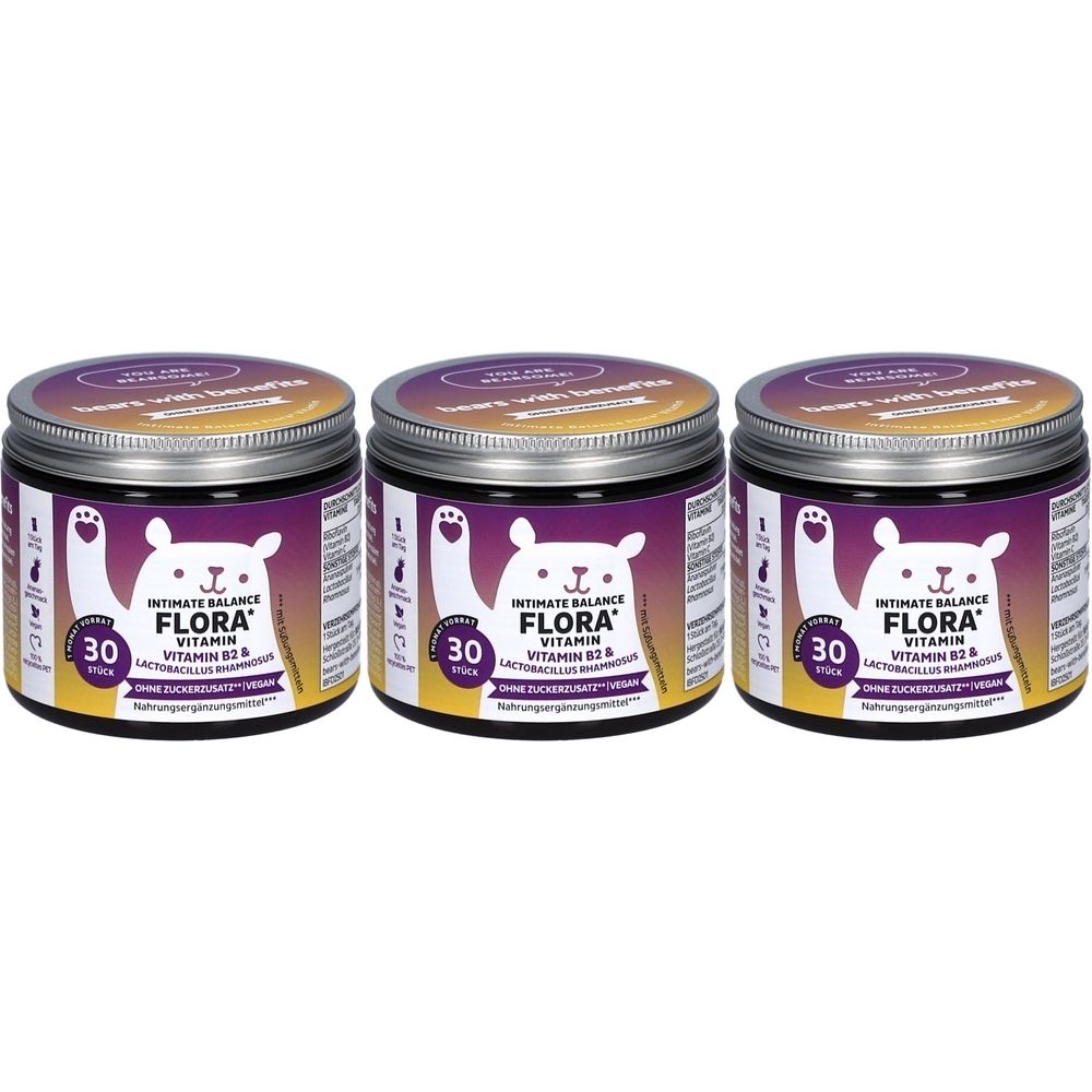 Drei Dosen mit Deckel. Auf jeder Dose steht "Intimate Balance Flora" und "30 Stück".