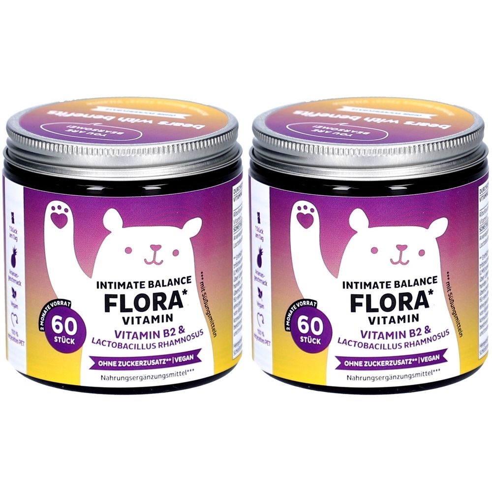 Deux pots avec couvercles. Inscription : Intimate Balance Flora Vitamin, 60 pièces. Végétalien. Sans sucre ajouté. Illustration d'ours.