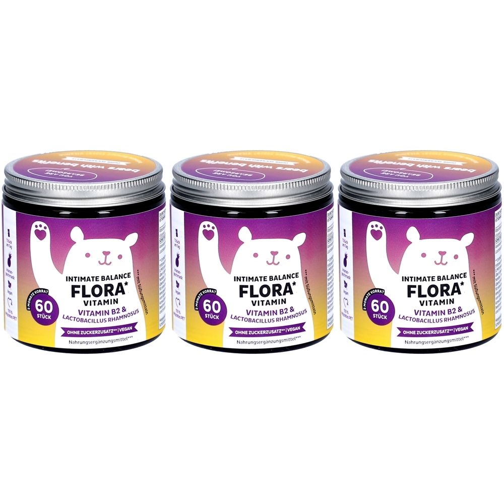 Trois boîtes avec couvercles. Sur chaque boîte : INTIMATE BALANCE FLORA VITAMIN, VITAMIN B2 & Lactobacillus rhamnosus. Autocollant 60 pièces.