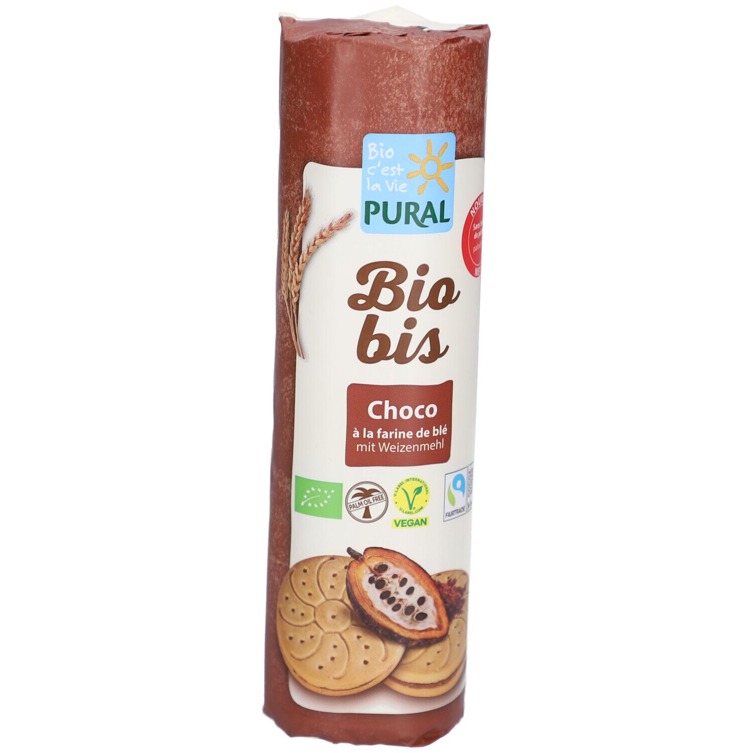 Verpackung von BIOBIS Weizen Doppelkeks. Sichtbar: Logo, Produktname, „Choco“, „à la farine de blé mit Weizenmehl“, Siegel.
