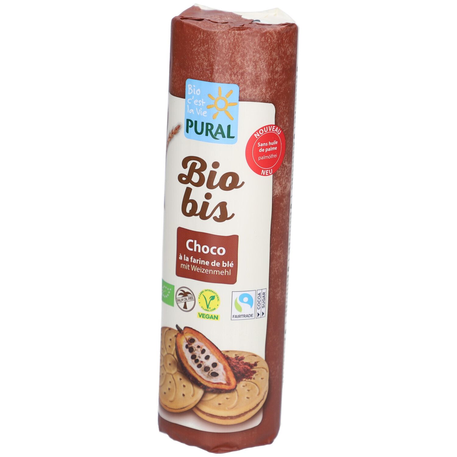 Verpackung von BIOBIS Weizen Doppelkeks. Sichtbar: Logo, Produktname, „Choco“, „à la farine de blé mit Weizenmehl“, Siegel, „NOUVEAU“.