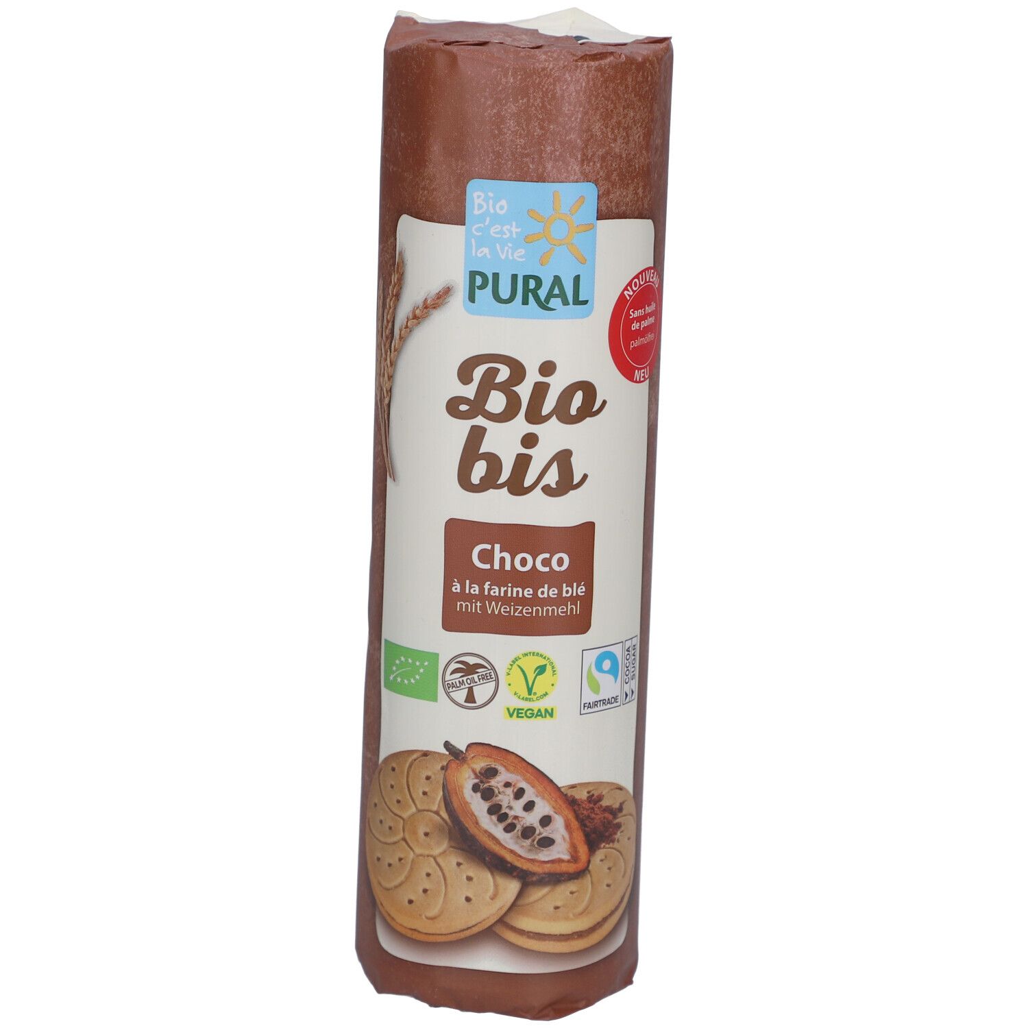Verpackung von BIOBIS Weizen Doppelkeks. Sichtbar: Logo, Produktname, „Choco“, „à la farine de blé mit Weizenmehl“, Siegel.