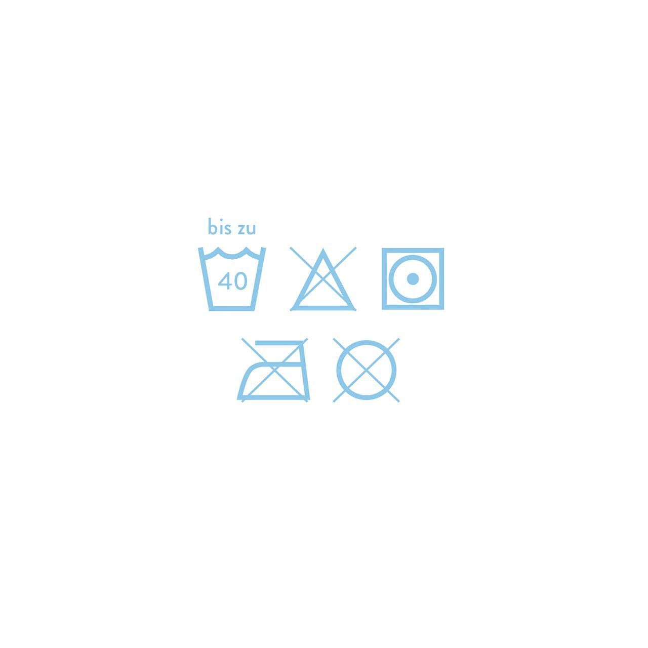 Waschsymbole: bis zu 40 Grad, nicht bleichen, nicht chemisch reinigen, nicht bügeln, nicht trocknen.