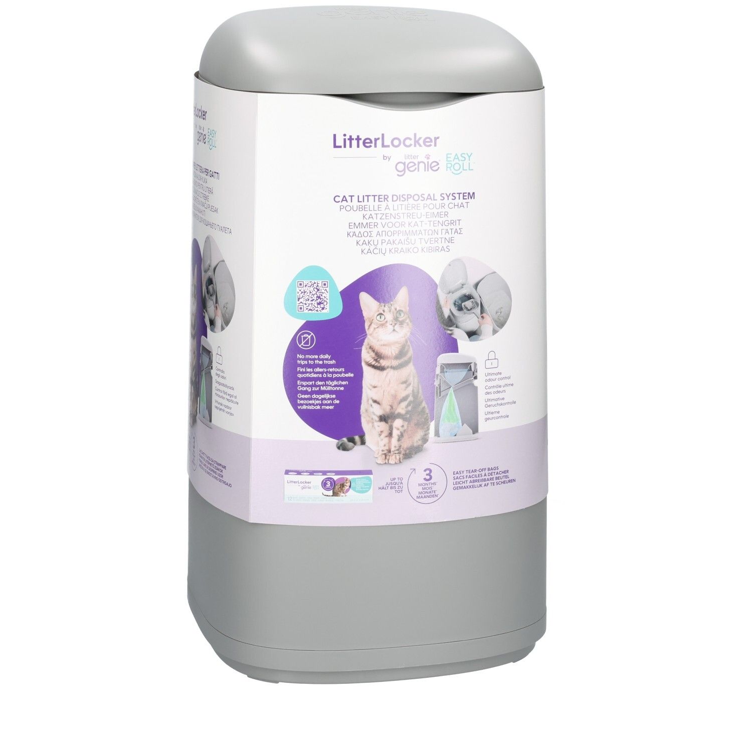 Seau gris Litter Genie avec motif de chat et informations produit.