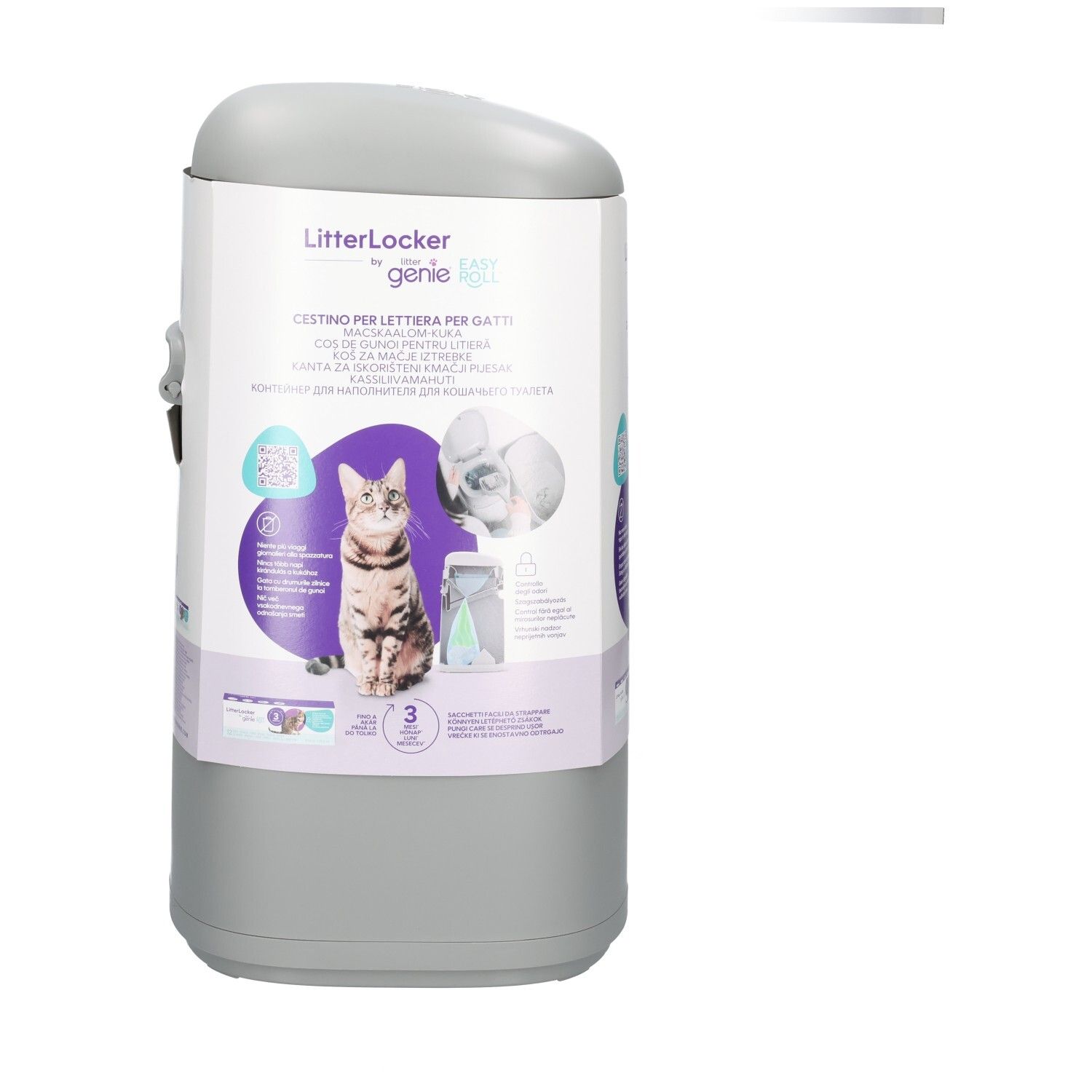 Seau gris Litter Genie, vue de face avec motif de chat et informations produit.