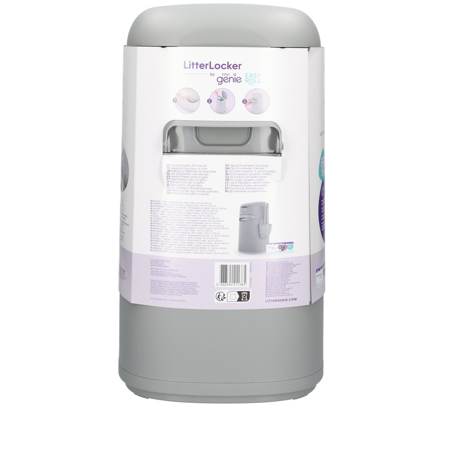 Arrière d'un seau gris Litter Genie avec informations produit et code-barres.